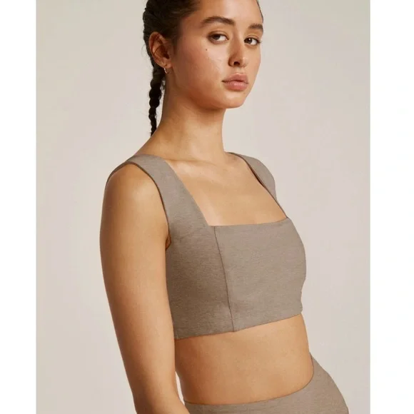 Beyond Yoga Women's Large Spacedye Squared Bra Birch Heather Tan NWT